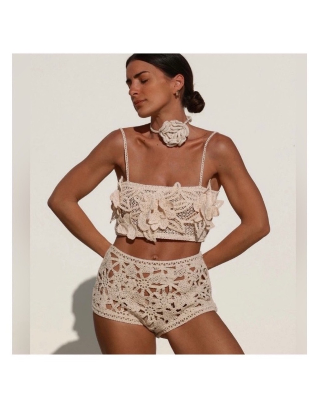 Zara Cream Crochet Floral Knit Top - Picture 6 of 7